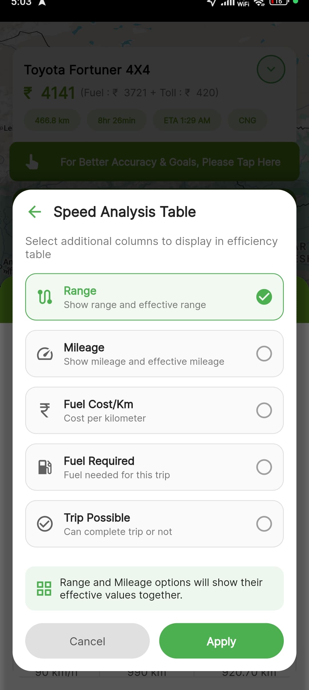 FUELabc speed analysis options for range, mileage, fuel cost per kilometer, fuel required, and trip possible